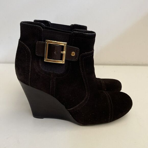 Tory Burch Adrienne Ankle Boot Bootie Brown Suede Gold Buckle Wedge Heel… - Picture 3 of 9